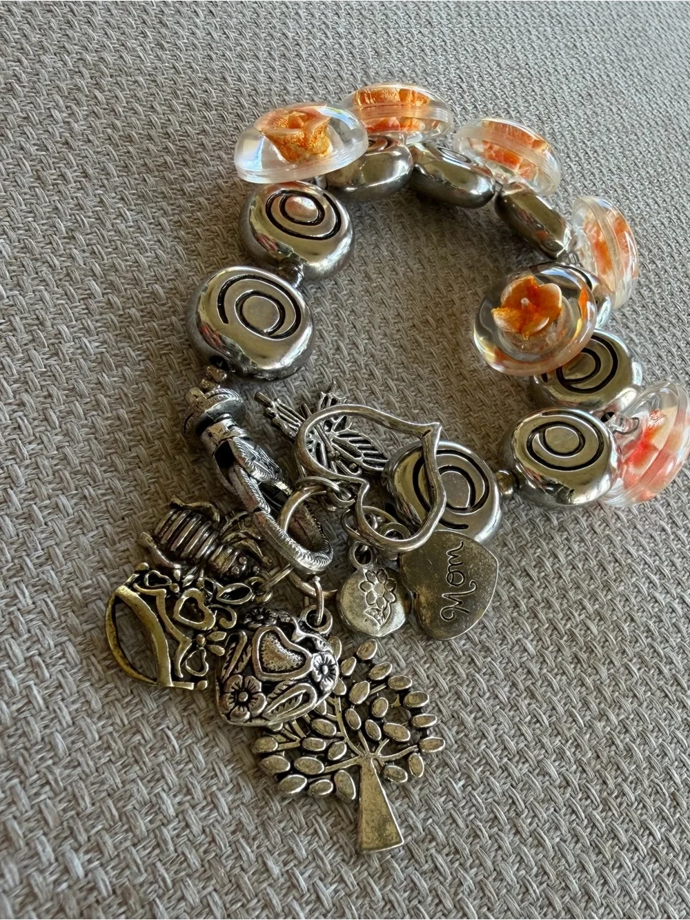 Multi Charm Beaded Vintage Lampwork Buttons Bracelet  Family Mom Themed Charms